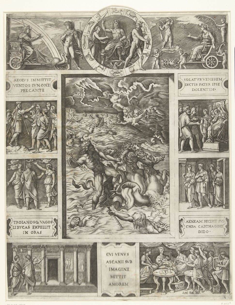 Jupiter Calms the Storm at Sea in Rectangular Frame with Nine Scenes from the Aeneid by Marcantonio Raimondi