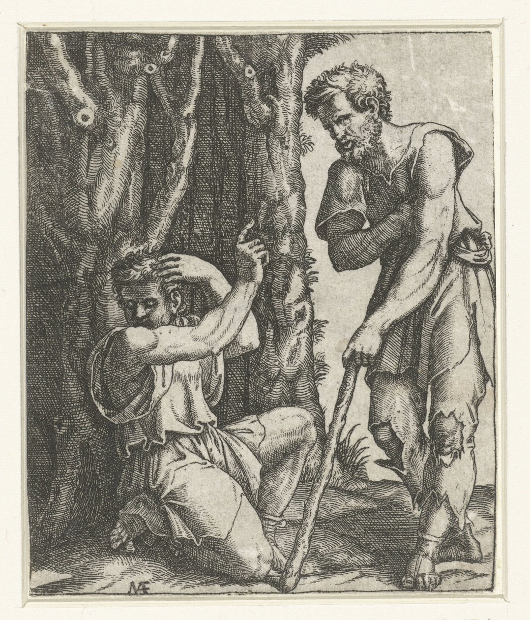 Man Kneeling and Turning Away from Beggar at Forest Edge by Marcantonio Raimondi