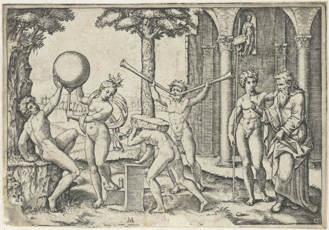 Man with Two Trumpets and Man with Stone on His Back Flanked by Man and Woman with Globe and Old and Young Man by Marcantonio Raimondi