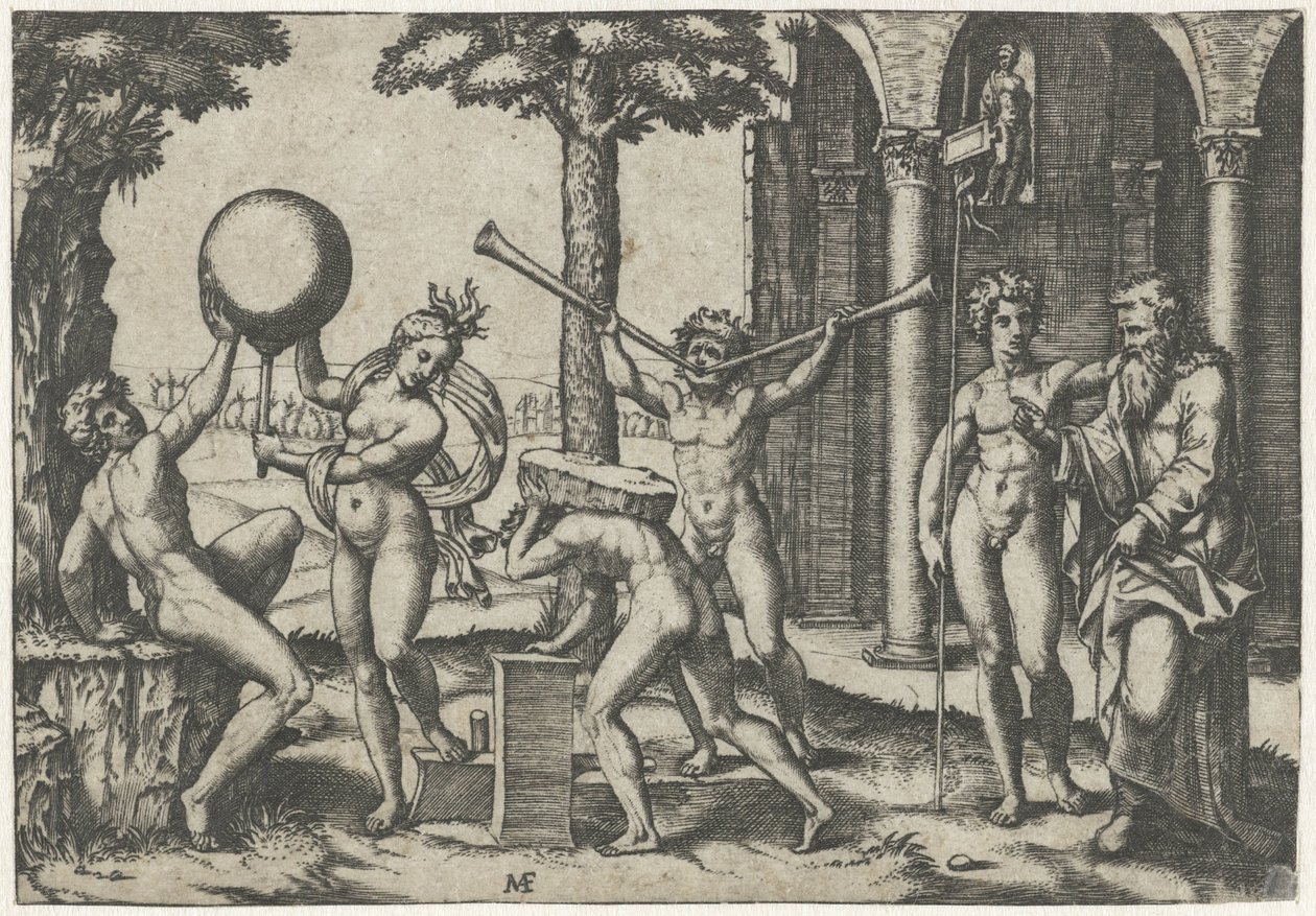 Man with Two Trumpets and Man with Stone on His Back Flanked by Man and Woman with Globe and Old and Young Man by Marcantonio Raimondi