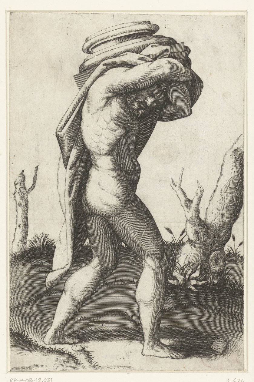 Naked Man Carrying the Base of a Column on His Back by Marcantonio Raimondi