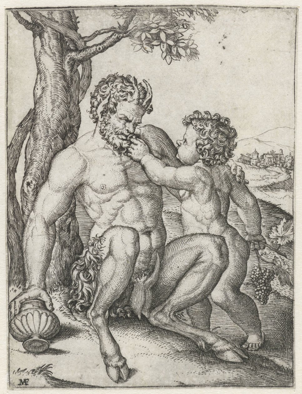 Pan with Drinking Cup and Bacchus as a Child with a Bunch of Grapes by Marcantonio Raimondi