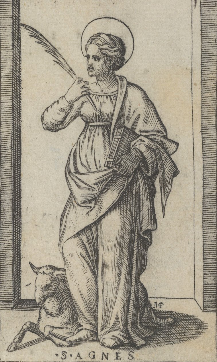 Saint Agnes Standing Holding a Palm in Her Right Hand, a Sheep Lower Left by Marcantonio Raimondi