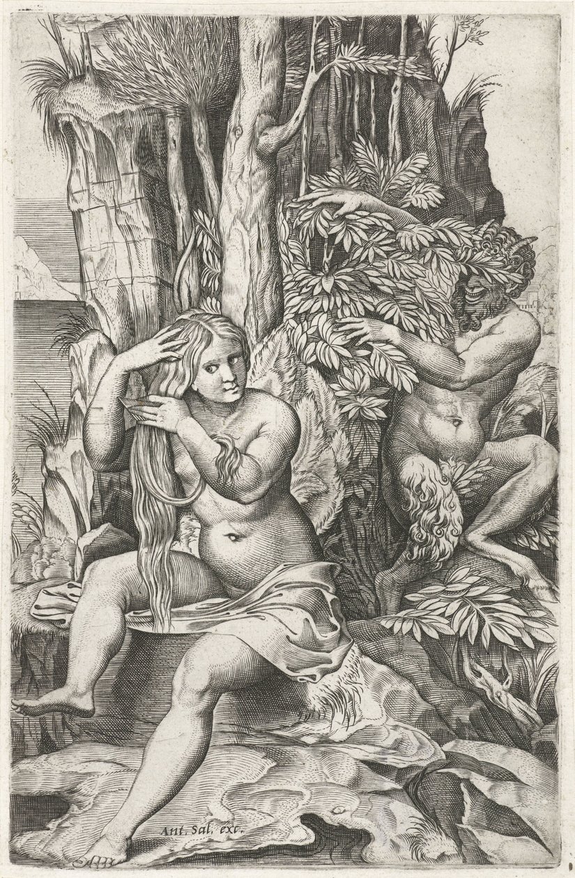 Satyr Spying on a Nymph During Her Toilet, Pan and Syrinx by Marcantonio Raimondi
