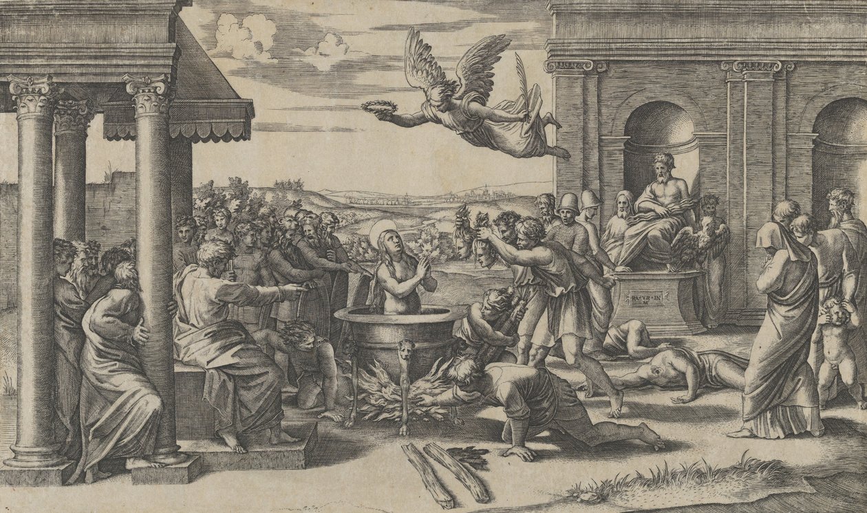 The Martyrdom of Saint Cecilia standing naked in a large cauldron by Marcantonio Raimondi