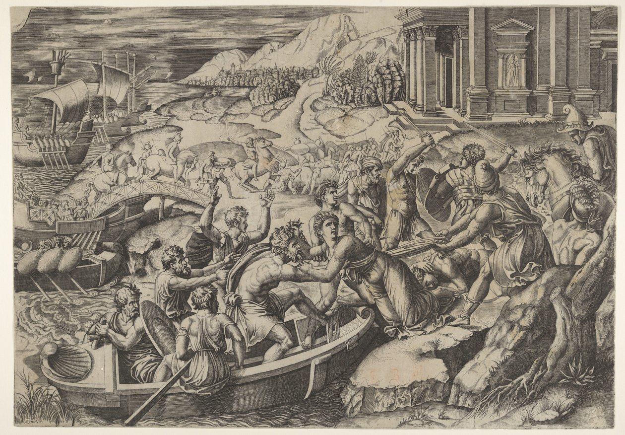 The Abduction of Helen, Battle Scene on a Shore with Two Men Pulling Helen into a Boat by Marcantonio Raimondi