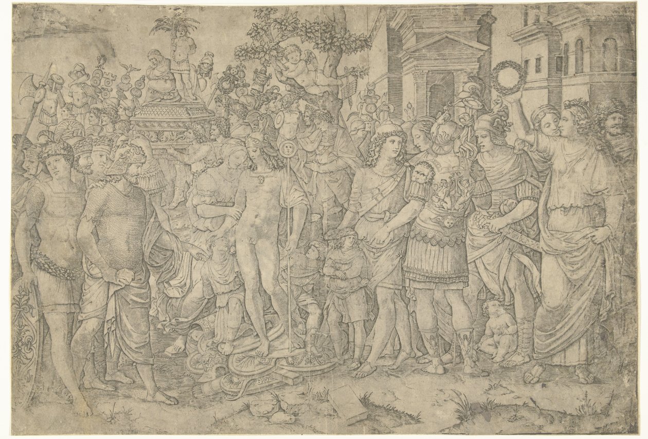 Triumphal Procession of a Roman Emperor with Soldiers and Captured Armors by Marcantonio Raimondi