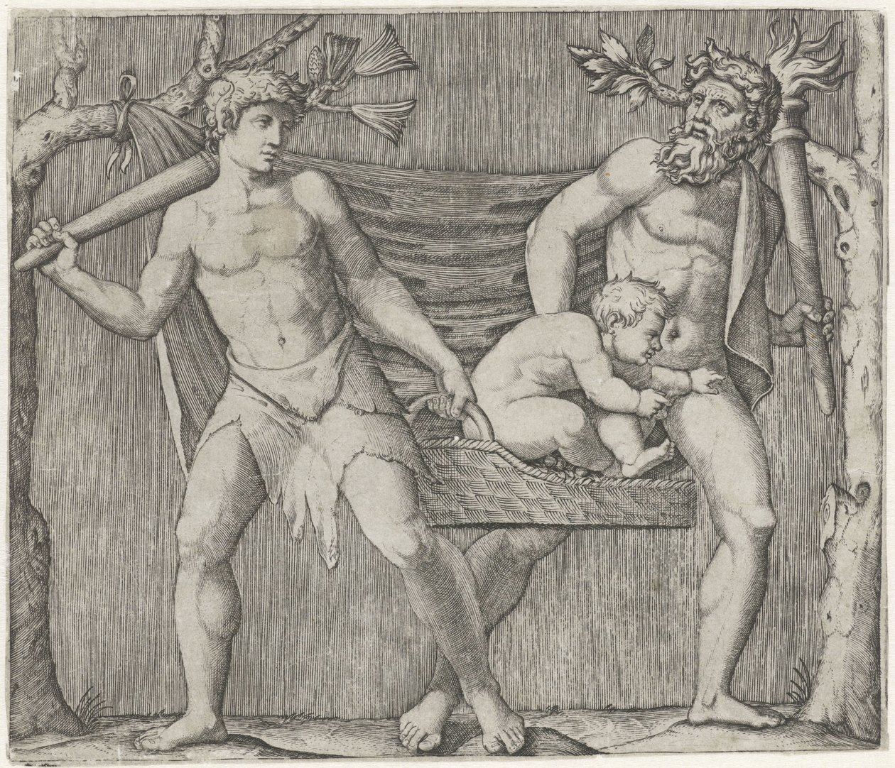 Two Fauns Carrying a Child in a Basket by Marcantonio Raimondi