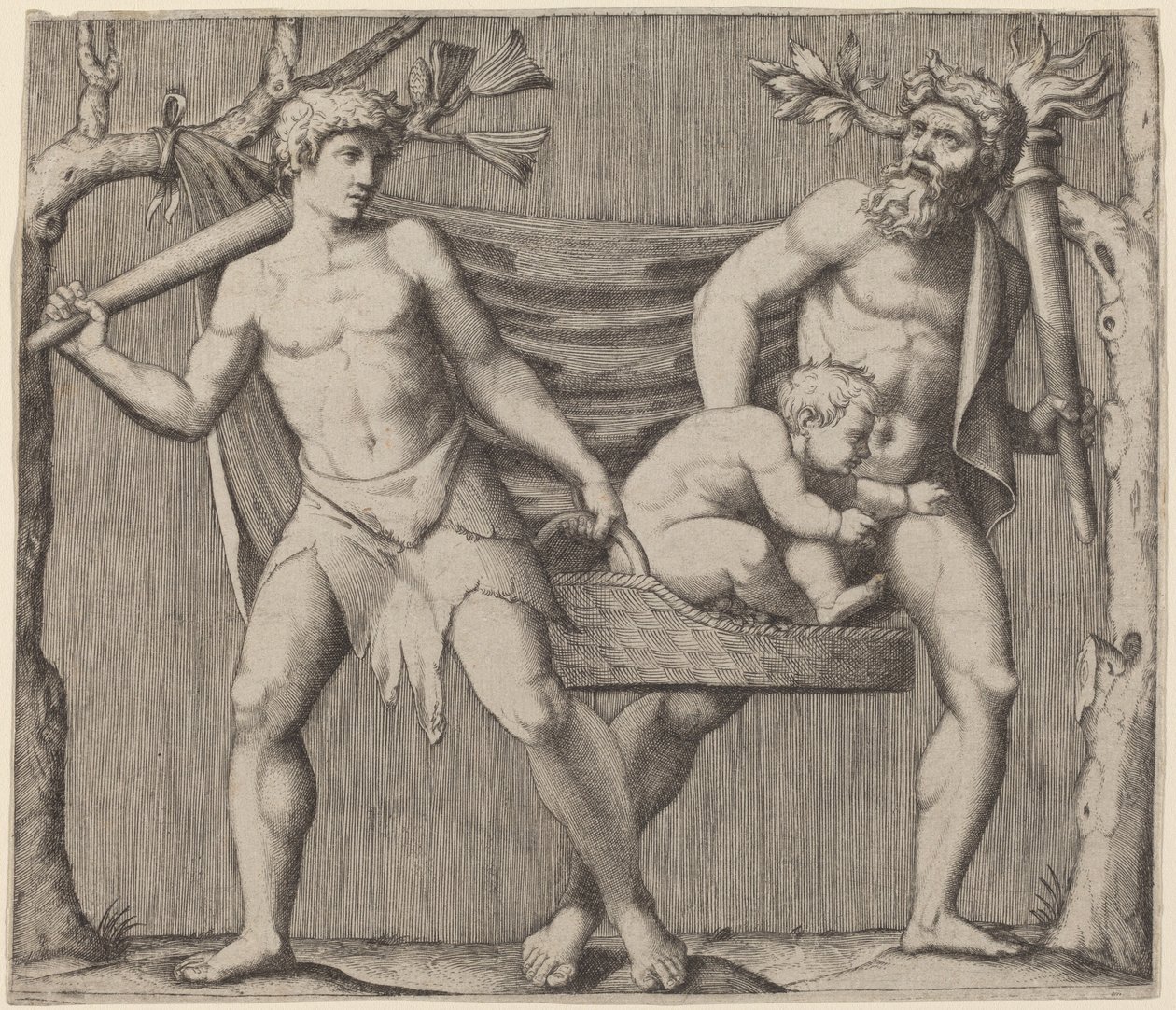 Two Fauns Carrying a Child by Marcantonio Raimondi