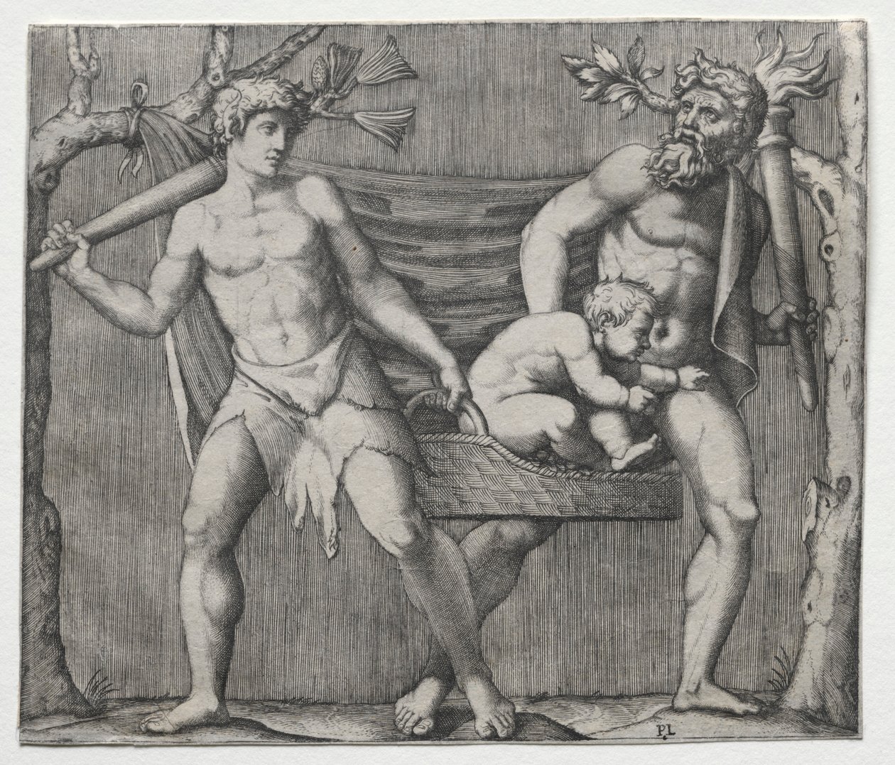Two Fauns Carrying a Child in a Basket by Marcantonio Raimondi