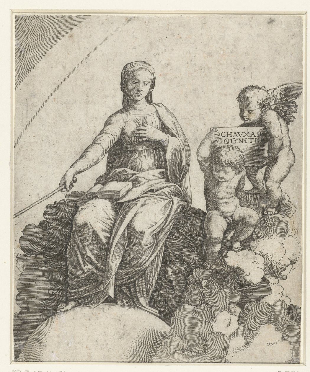 Woman with Book and Scepter as Personification of Philosophy Sitting on Clouds with Feet Resting on Globe and Two Putti Beside Her by Marcantonio Raimondi
