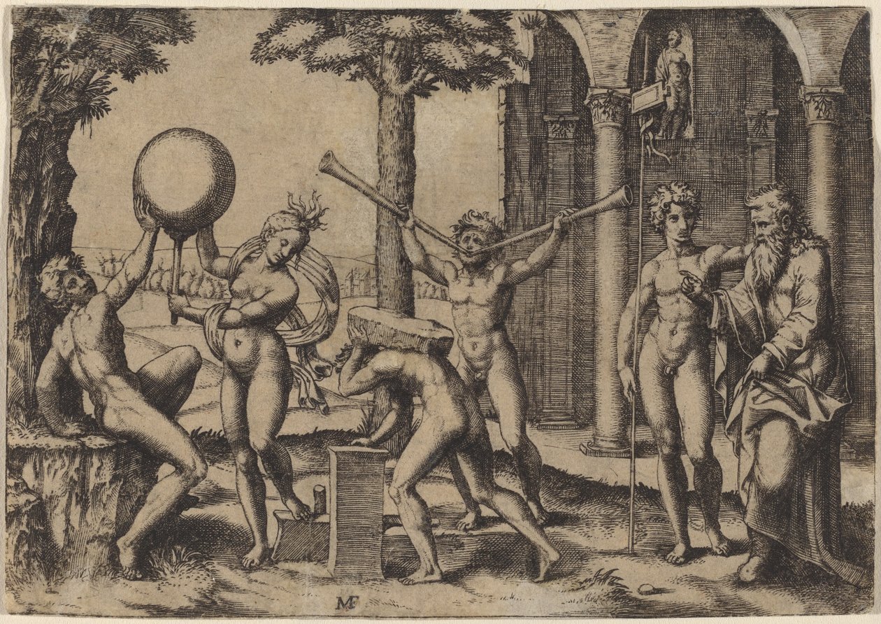 The Man with Two Trumpets by Marcantonio Raimondi after Baccio Bandinelli