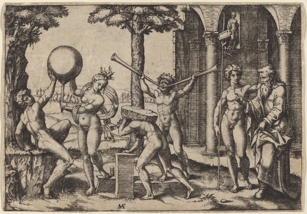 The Man with Two Trumpets by Marcantonio Raimondi after Baccio Bandinelli