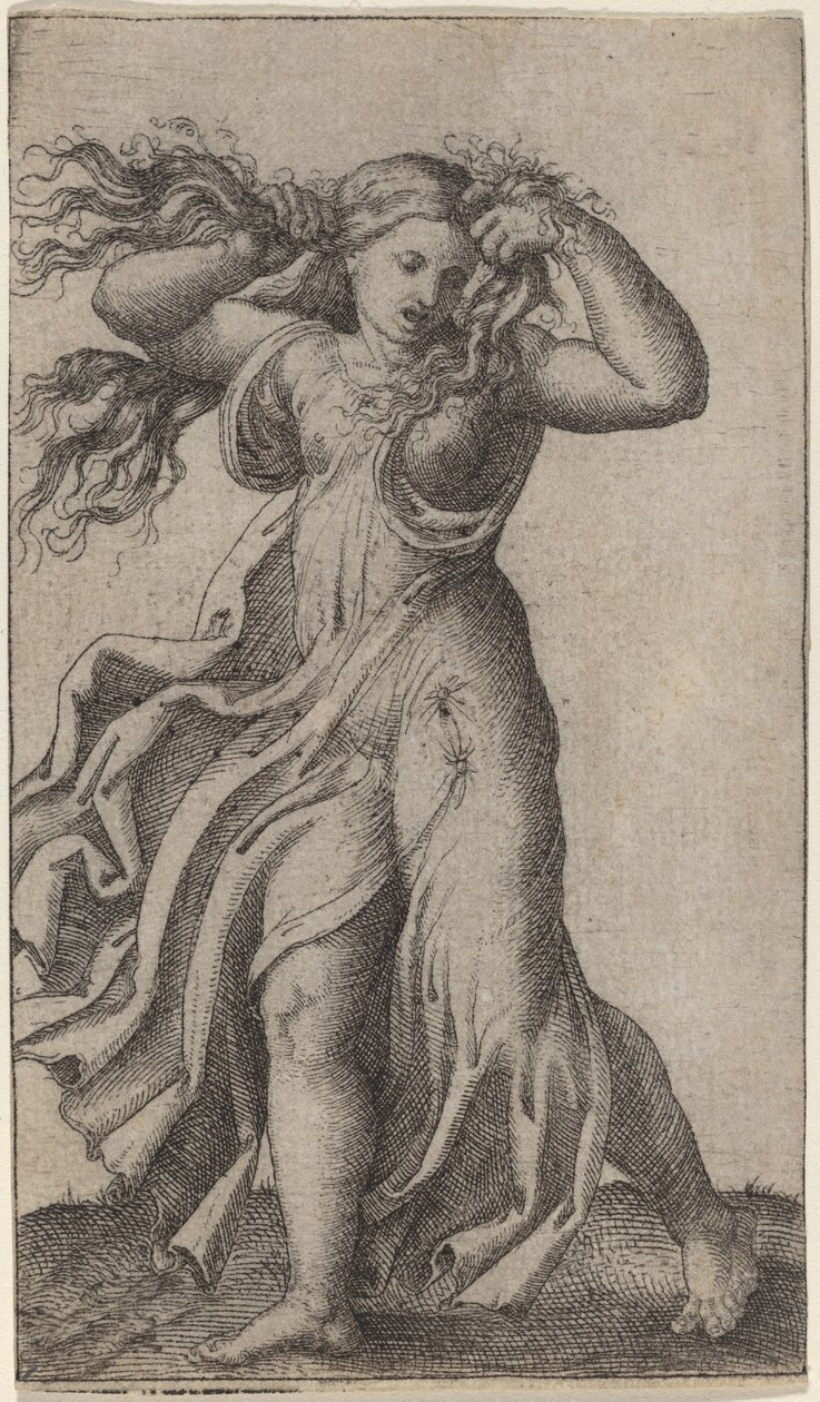 Woman Pulling Her Hair by Marcantonio Raimondi possibly after Francesco Francia
