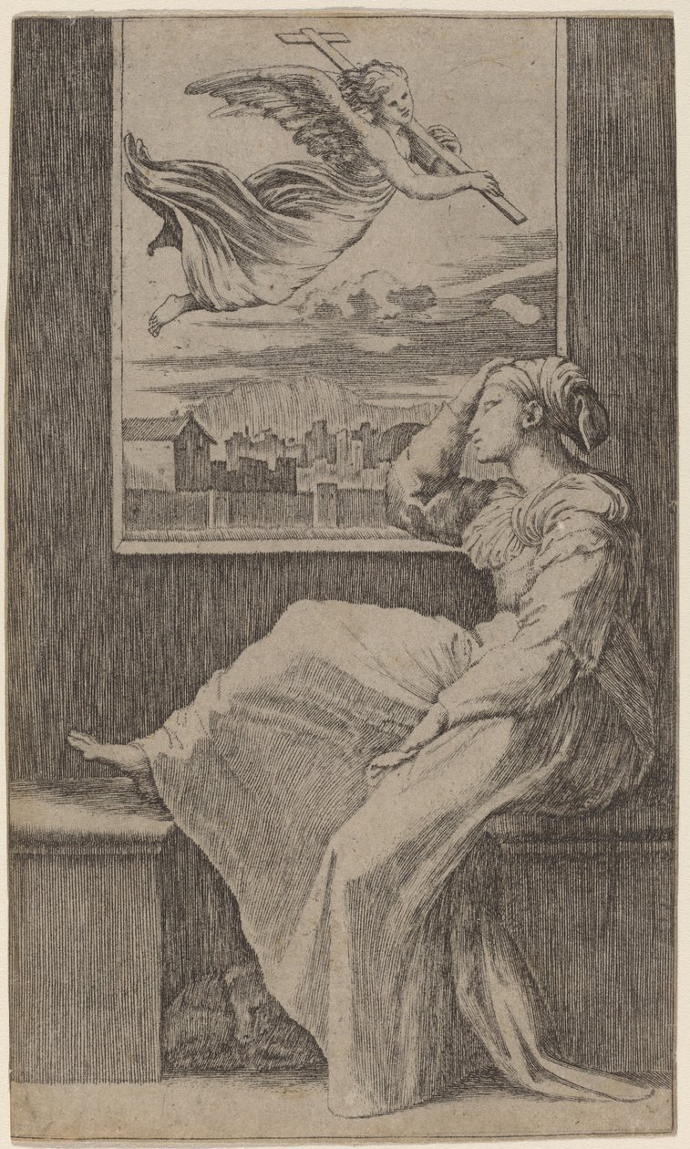 Pensive Woman by Marcantonio Raimondi possibly after Raphael