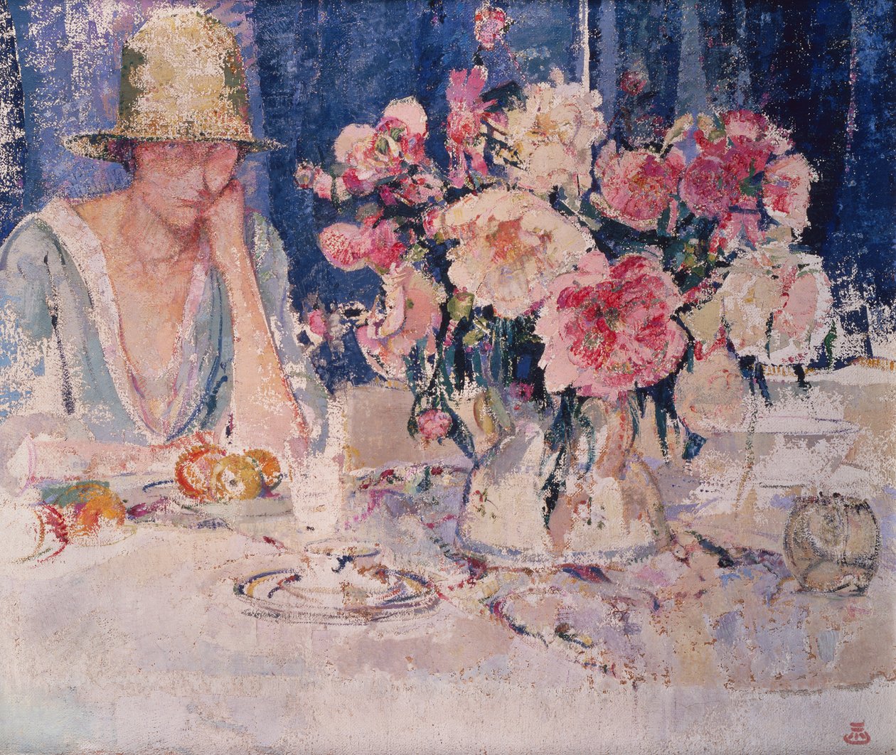 Woman at Table Loaded with Flowers by Marcel Jefferys
