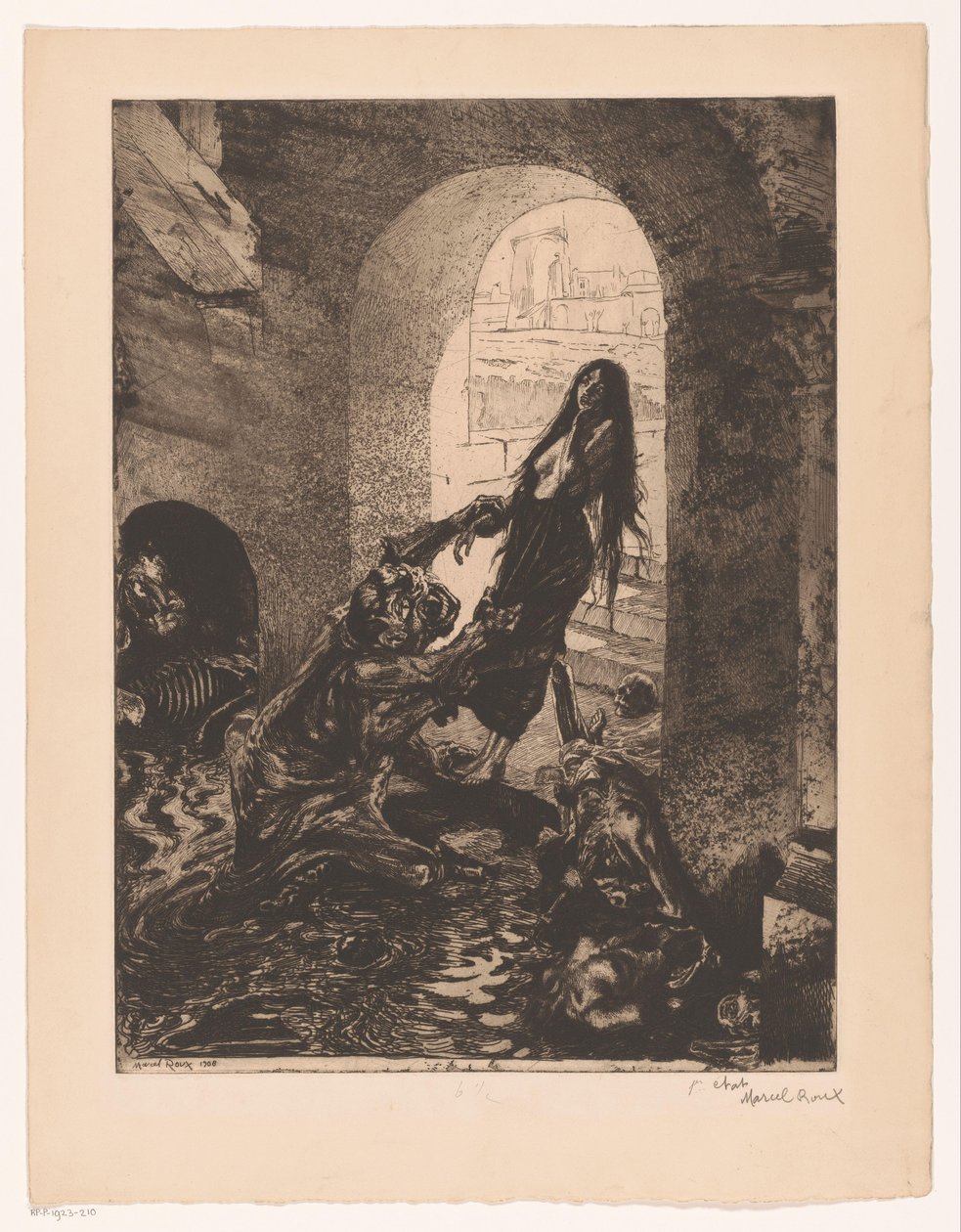 Monster Grabs a Woman Standing in the Doorway (Offering to Moloch) by Marcel Roux (signed by artist)