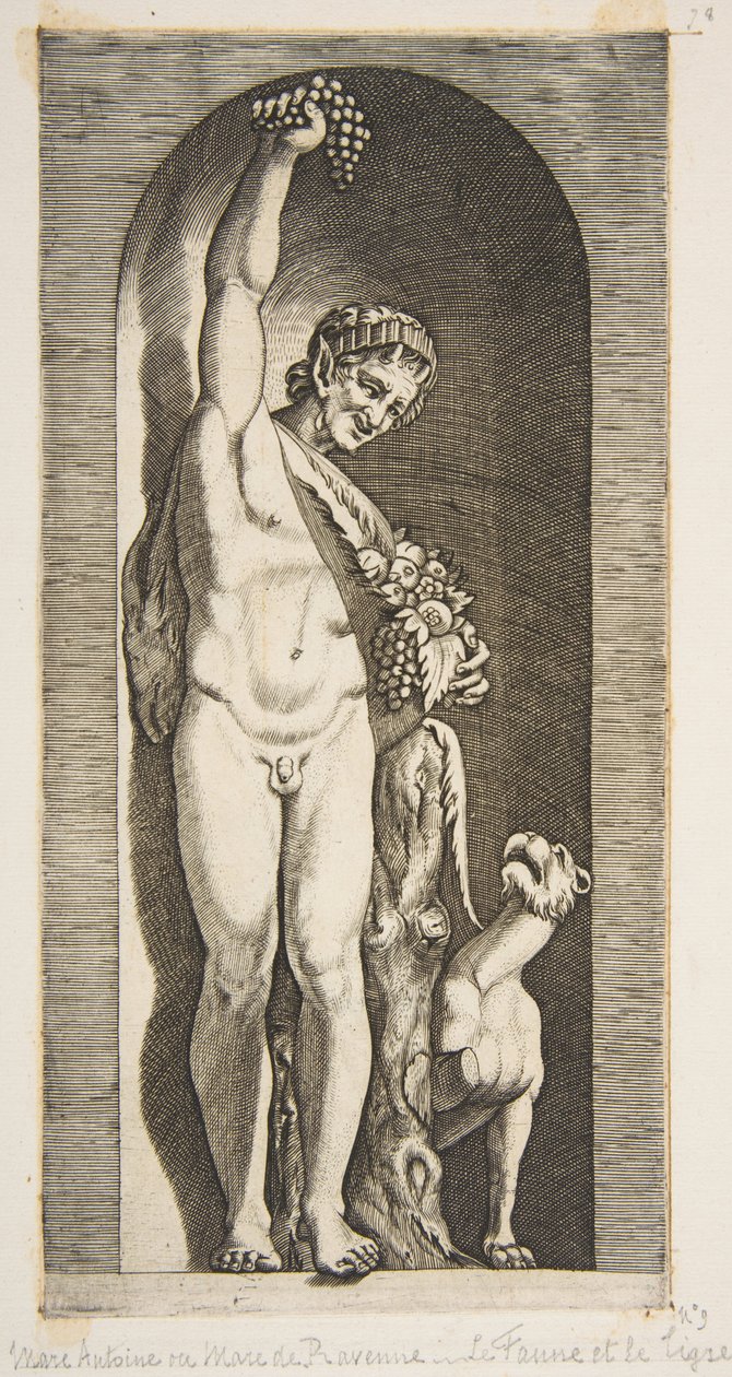 A Faun Standing in a Niche Holding Aloft a Bunch of Grapes with His Right Hand, ca. 1515-27 by Marco Dente