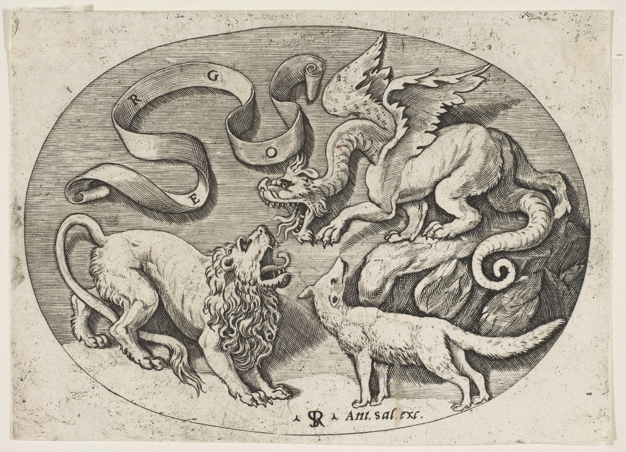 A Lion, Dragon and Fox Fighting Each Other, an Inscribed Banderole Above, an Oval, ca. 1515-27 by Marco Dente