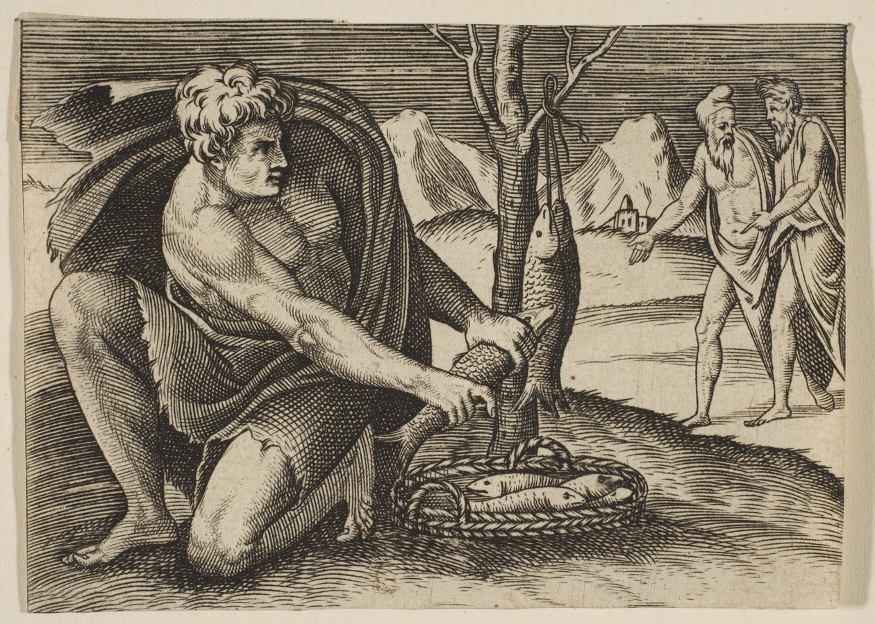 A man kneeling next to a basket of fish and taking one with both hands, two men at..., ca. 1515-27 by Marco Dente