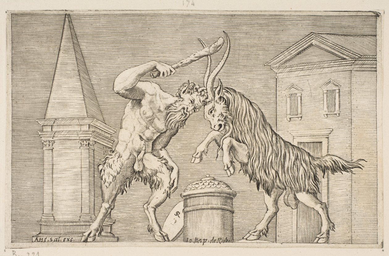 A satyr and a ram attacking each other, the satyr wielding a club with his right hand by Marco Dente