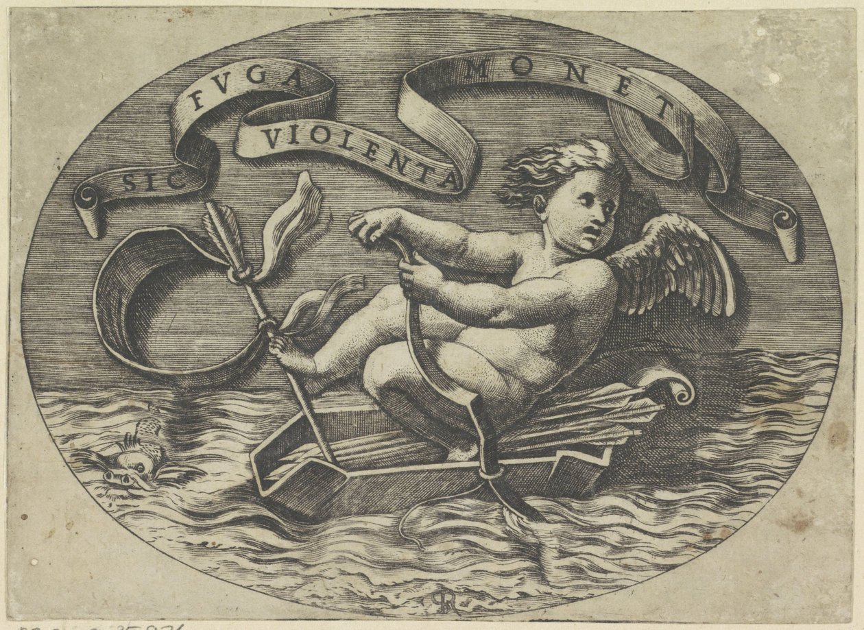 Amor escapes over the sea, Sic ruga violenta monet (title on object) by Marco Dente