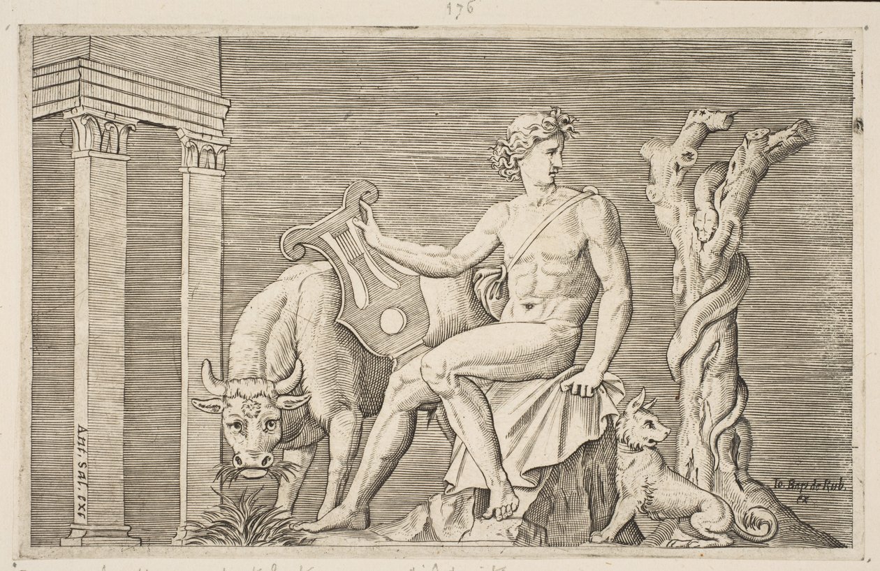 Apollo tending the flocks of Admetus, Apollo seated holding a lyre and flanked by a... by Marco Dente