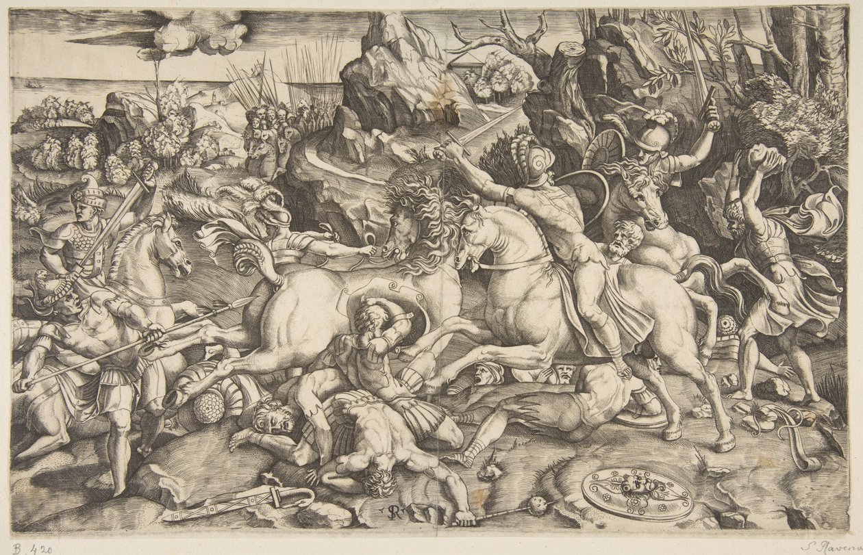 Battle scene in a landscape with soldiers on horseback and several fallen men, another... by Marco Dente