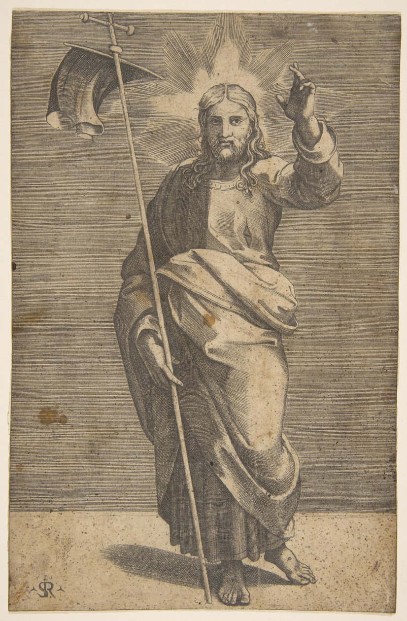 Christ Standing Facing Forward, Holding a Cross with a Banner and Raising His Left Hand by Marco Dente