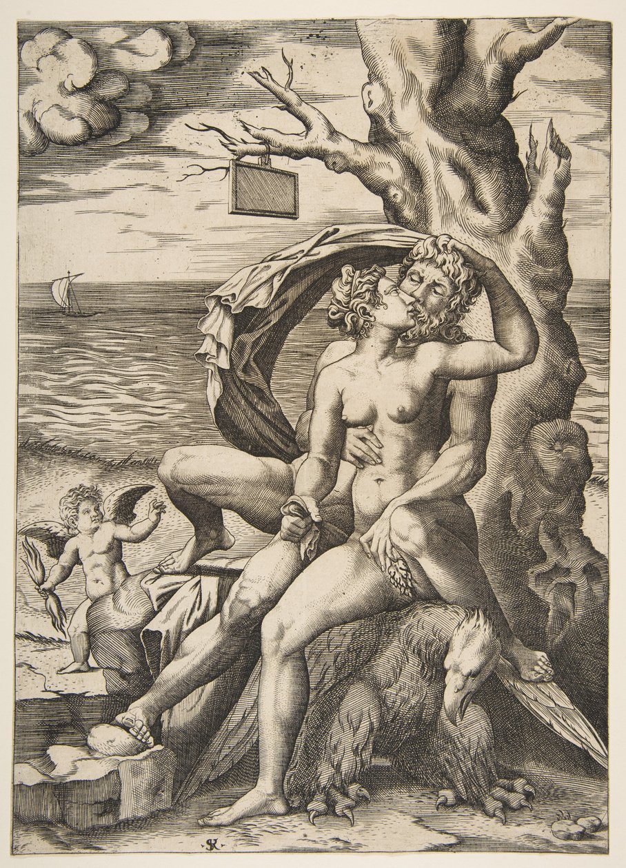 Jupiter and Semele Embracing, an Eagle Beneath Them, a Tree at Right by Marco Dente