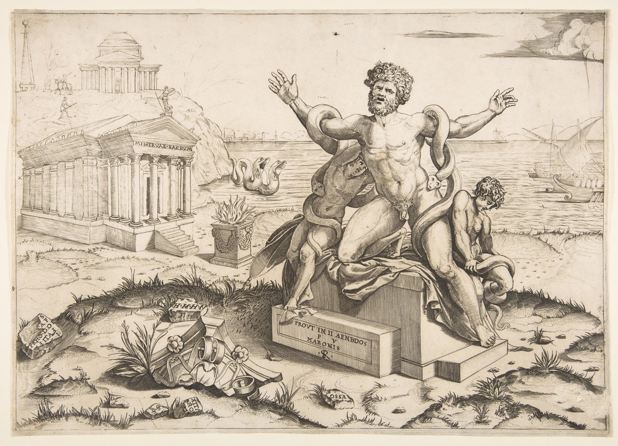 Laocoön and His Two Sons Being Attacked by Serpents Upon a Pedestal, a Temple to Minerva by Marco Dente