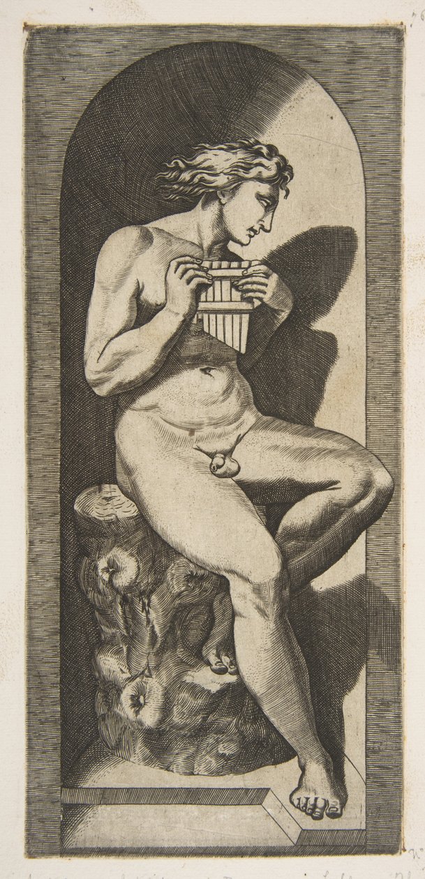 Olympus naked seated on a tree stump holding pipes, set within a niche by Marco Dente
