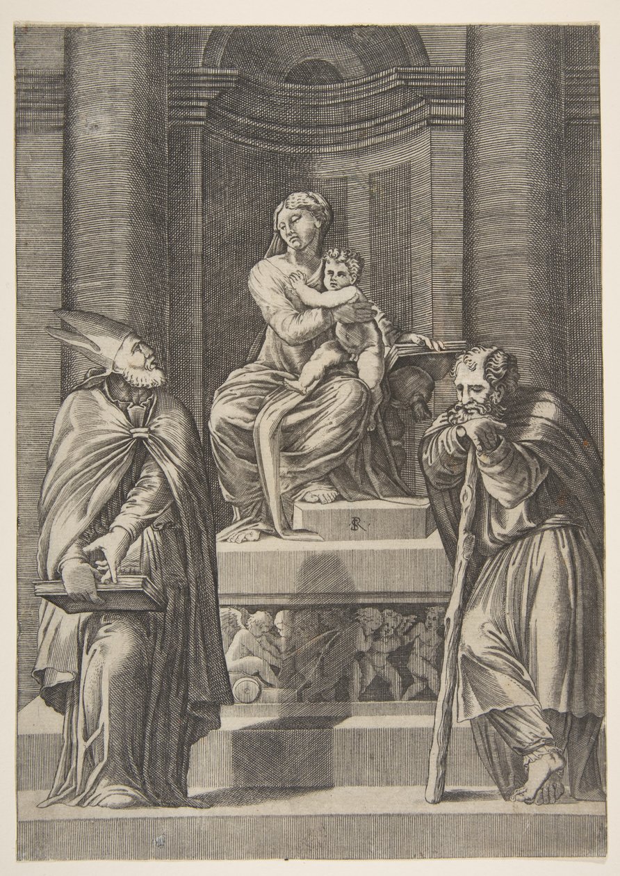 Saint Joseph and a Bishop before the Altar of the Virgin, ca. 1515-27 by Marco Dente