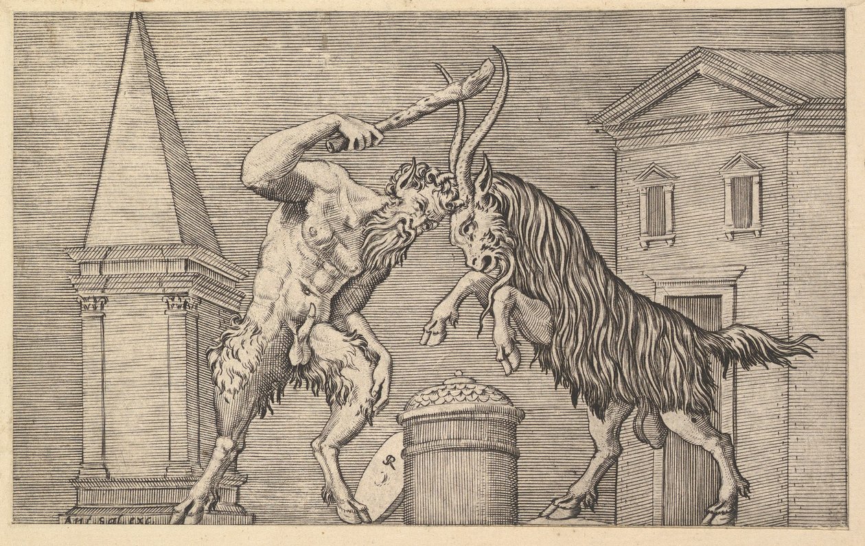 Speculum Romanae Magnificentiae: A Satyr and a Ram Clashing, 16th century by Marco Dente