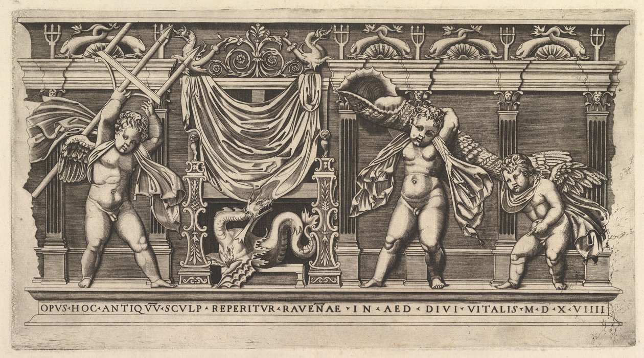 Speculum Romanae Magnificentiae: Bas-Relief with Three Cupids, 1519 by Marco Dente