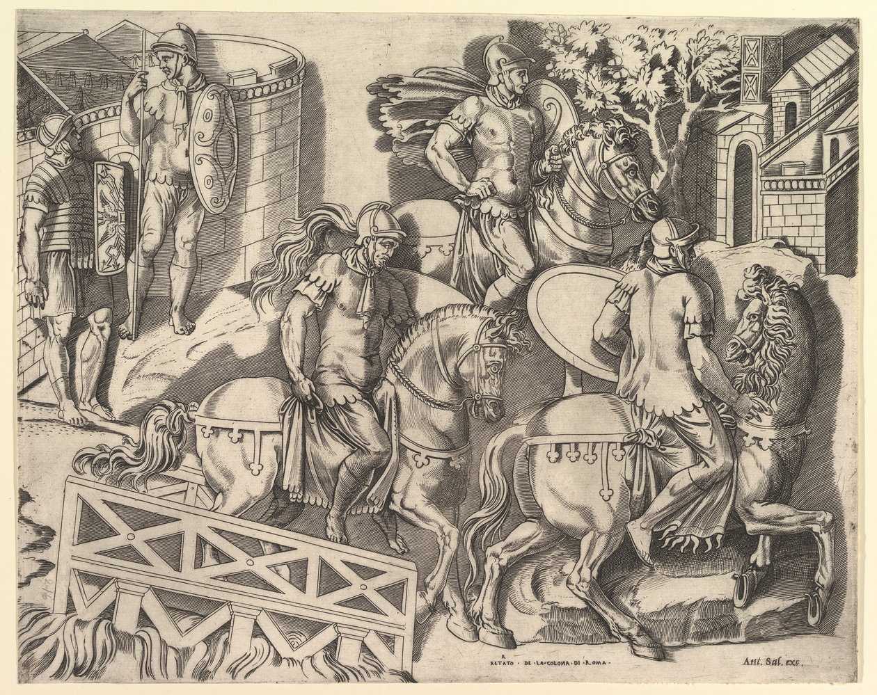 Speculum Romanae Magnificentiae: Roman Horsemen Crossing a Bridge from Trajan