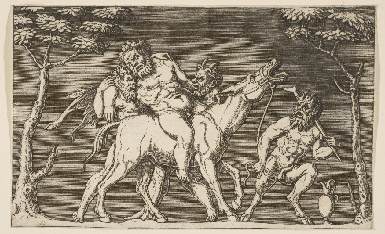 Two Satyrs Placing Silenus on a Braying Mule and a Third Satyr at Right by Marco Dente
