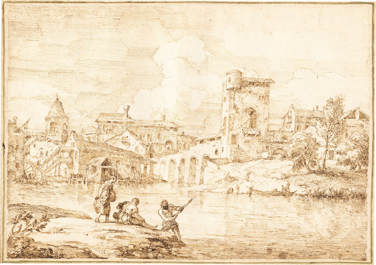 A Fortified Village along a River by Marco Ricci