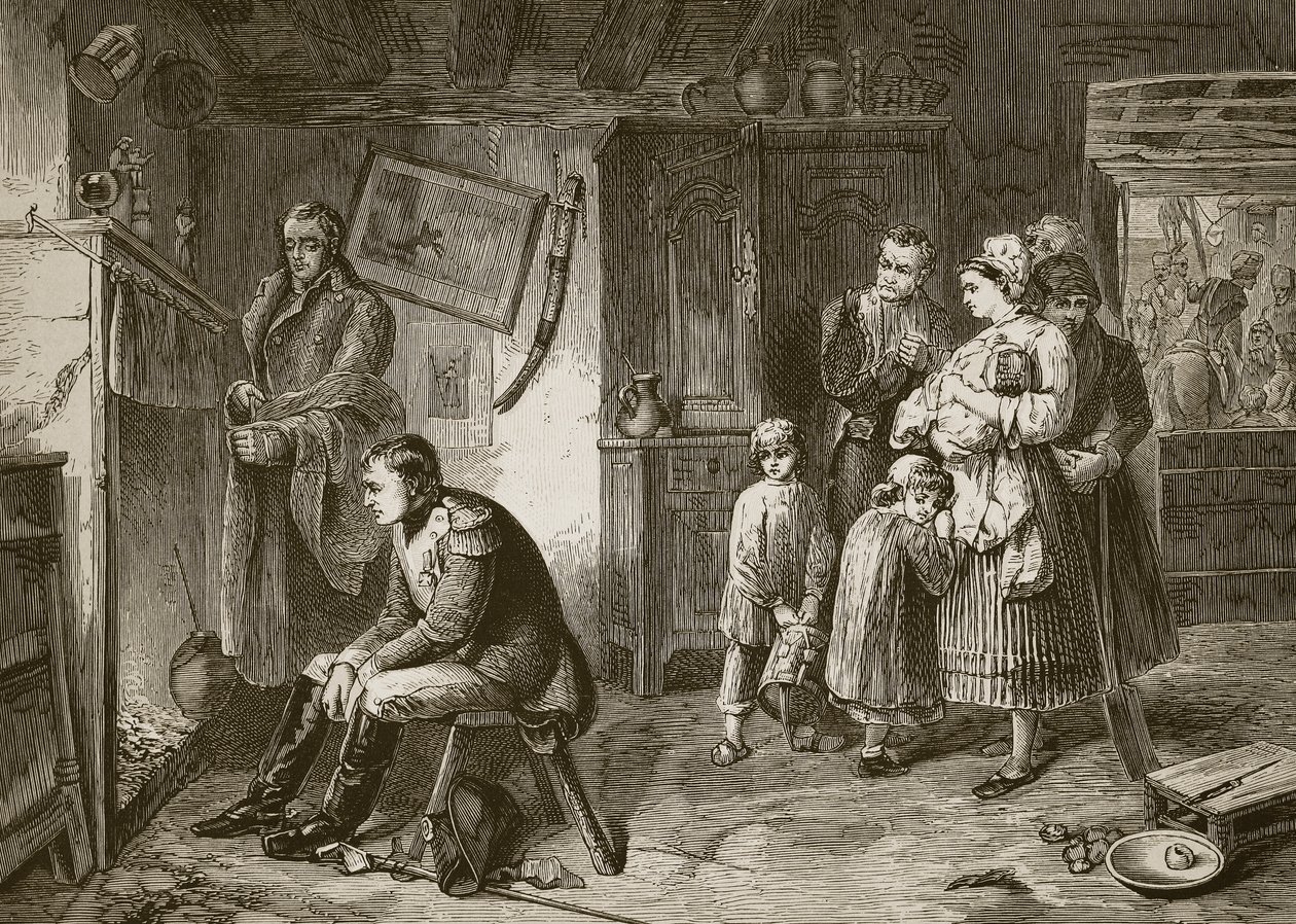 Napoleon seeks rest in a roadside cottage after his defeat at Waterloo, engraved by J.D. Cooper by Marcus Stone