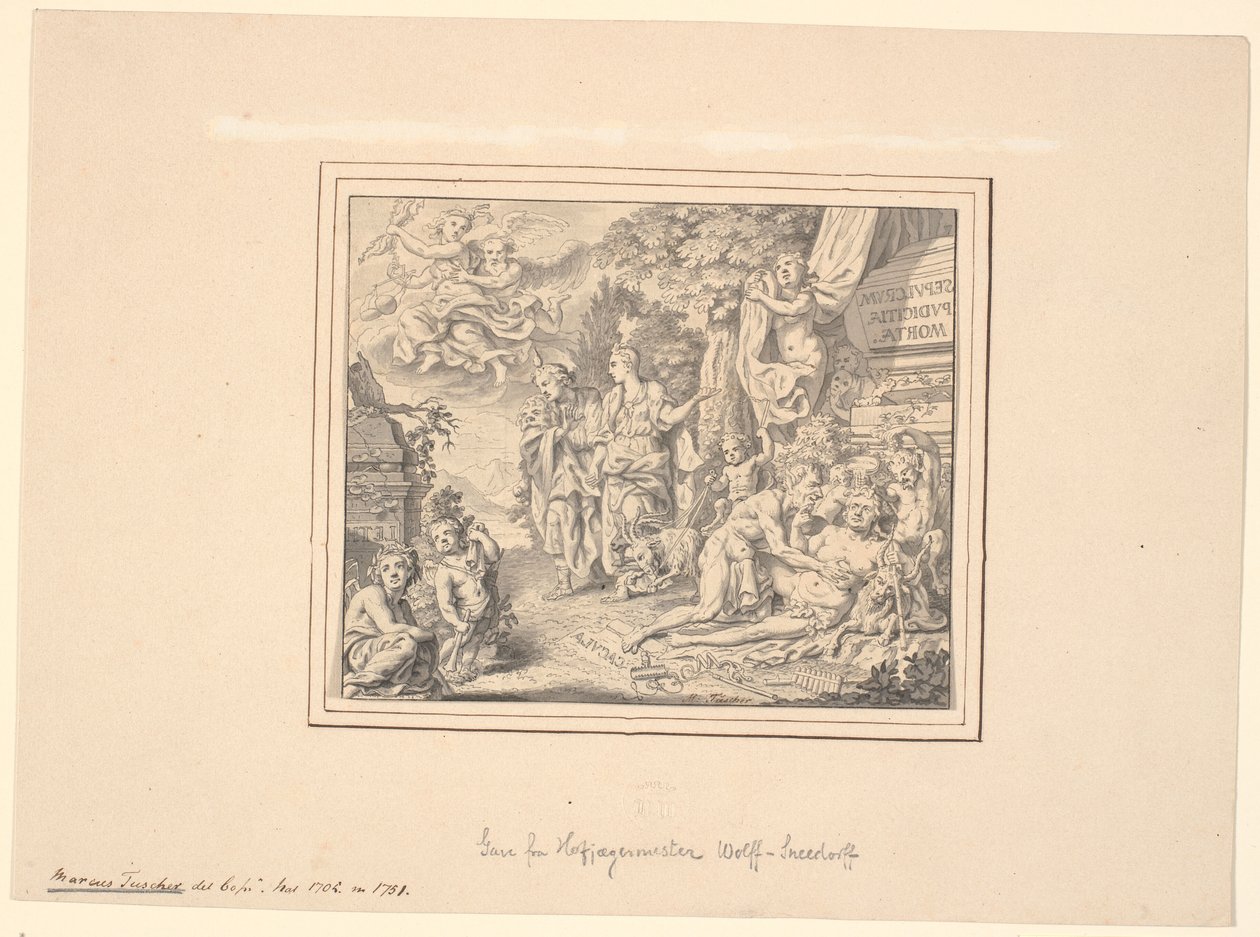 Allegorical Sheet with the Drunken Silenus and Other Mythological and Allegorical Figures by a Sarcophagus with the Inscription: "Sepulcrum pudicitiae mortae" by Marcus Tuscher