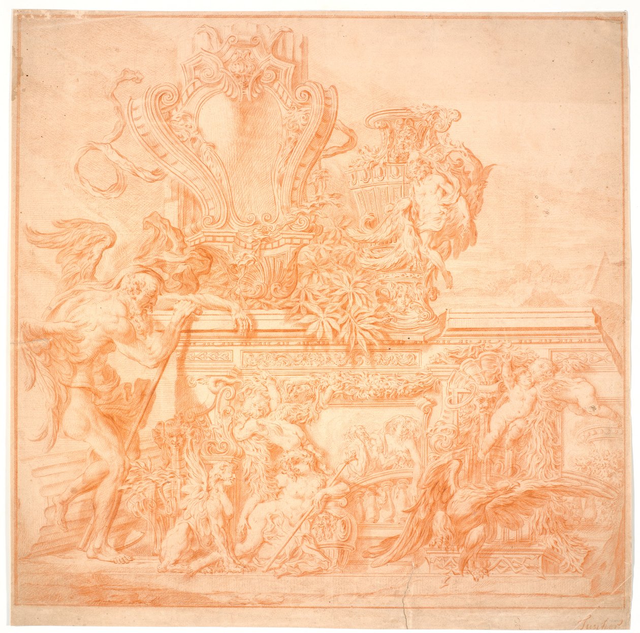 Decorative Draft with an Old Man Symbolizing Time, a Shield, a Vase, an Eagle, and Several Allegorical Figures by Marcus Tuscher