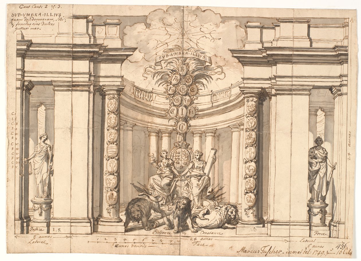 The Interior of a Temple with the Danish Coat of Arms and the Family Tree of the Oldenburg Kings by Marcus Tuscher