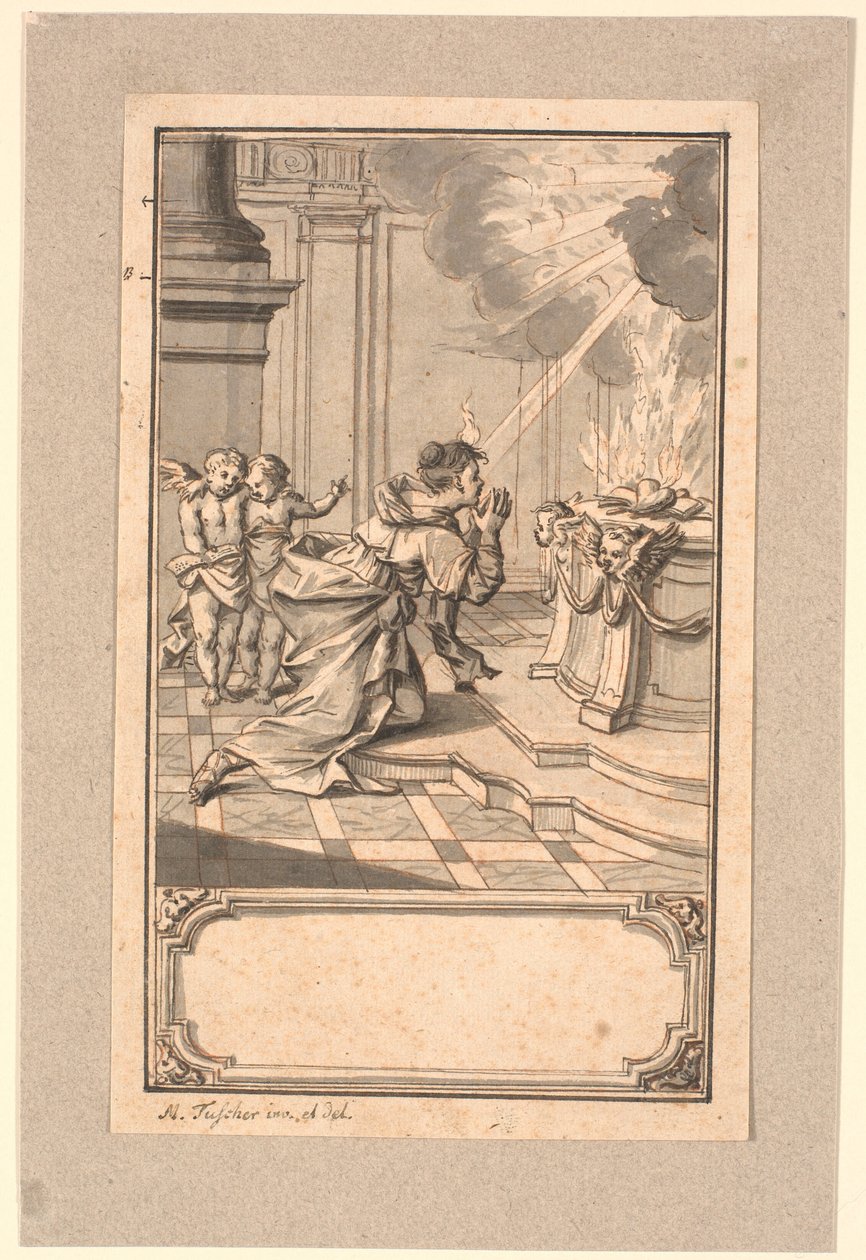 A Woman Kneeling Before an Altar with a Burning Heart by Marcus Tuscher