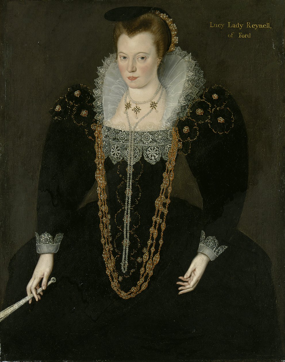 Portrait of Lucy, Lady Reynell of Ford, Three-Quarter-Length, in a Dark Dress with a White Lace Collar and Gold and Pearl Necklaces, Holding a Fan in Her Right Hand with Identifying Inscription by Marcus the Younger Gheeraerts