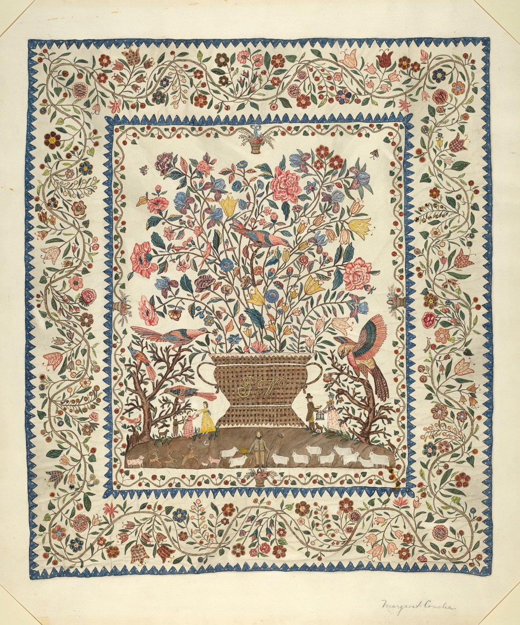 Applique and Embroidered Coverlet, 1935-1942 by Margaret Concha