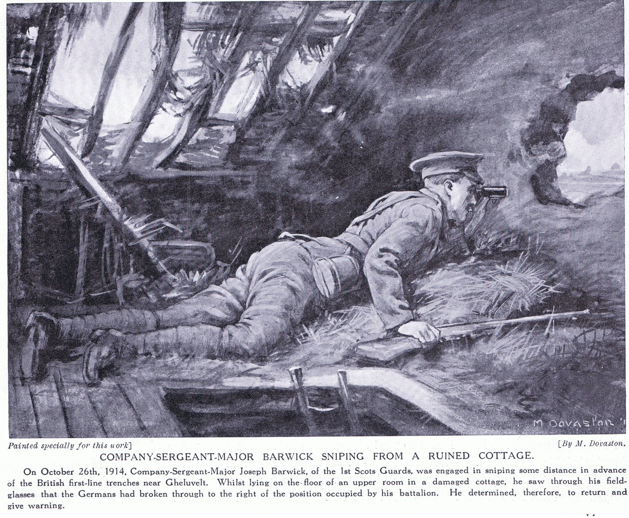 Company Sergeant Major Barwick sniping from a ruined cottage at Ghehuvelt October 1914 by Margaret Dovaston