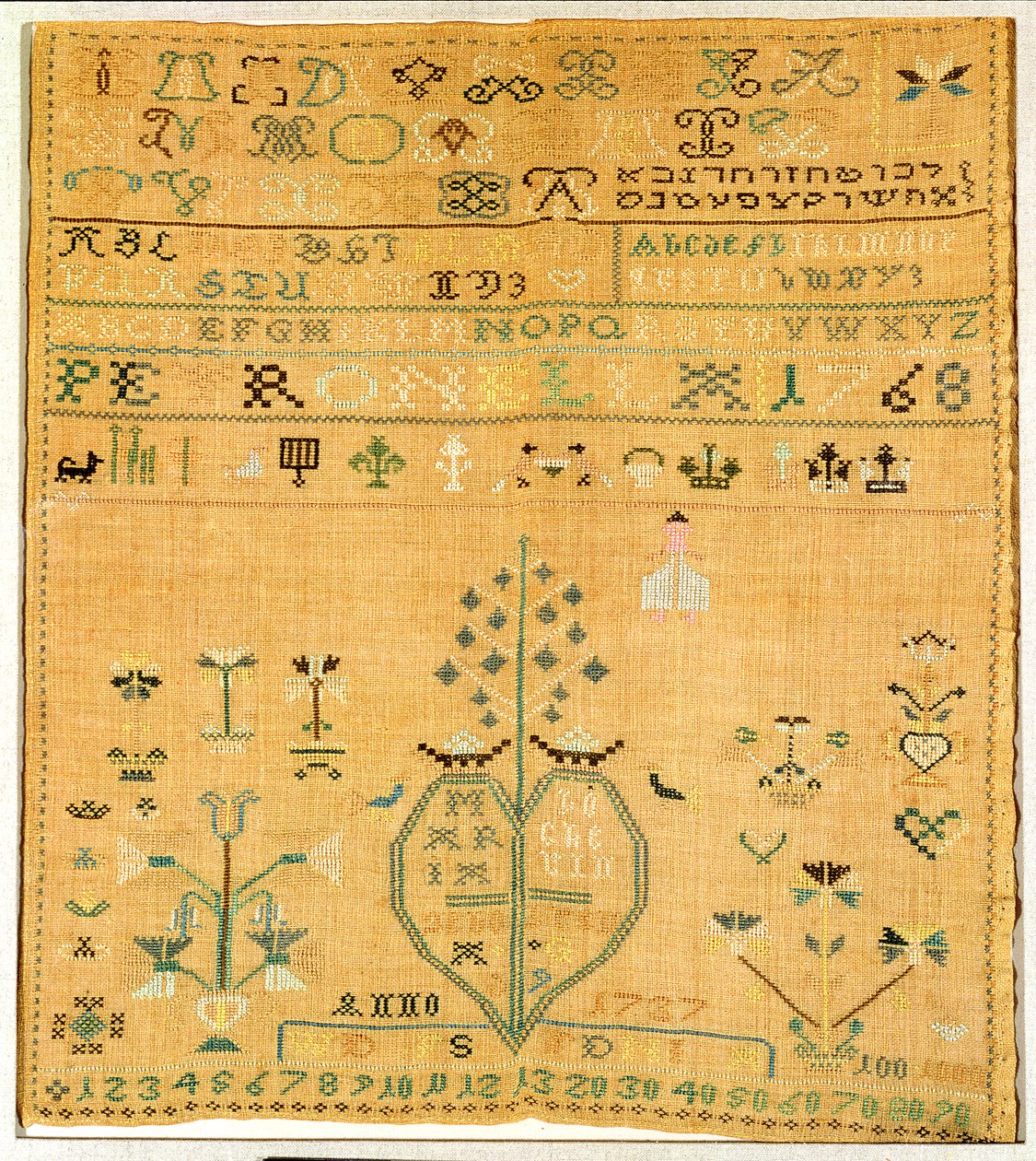 Embroidered Sampler, Completed in 1768 by Maria 1737 91 Hocker