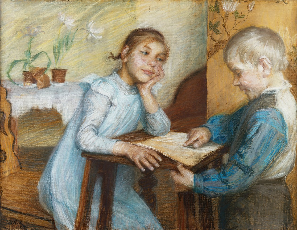 An Interior with a Boy Reading to a Girl by Maria Wiik