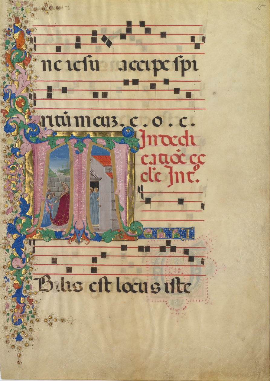 Manuscript Leaf with the Dedication of a Church in an Initial T, from a Gradual by Mariano del Buono
