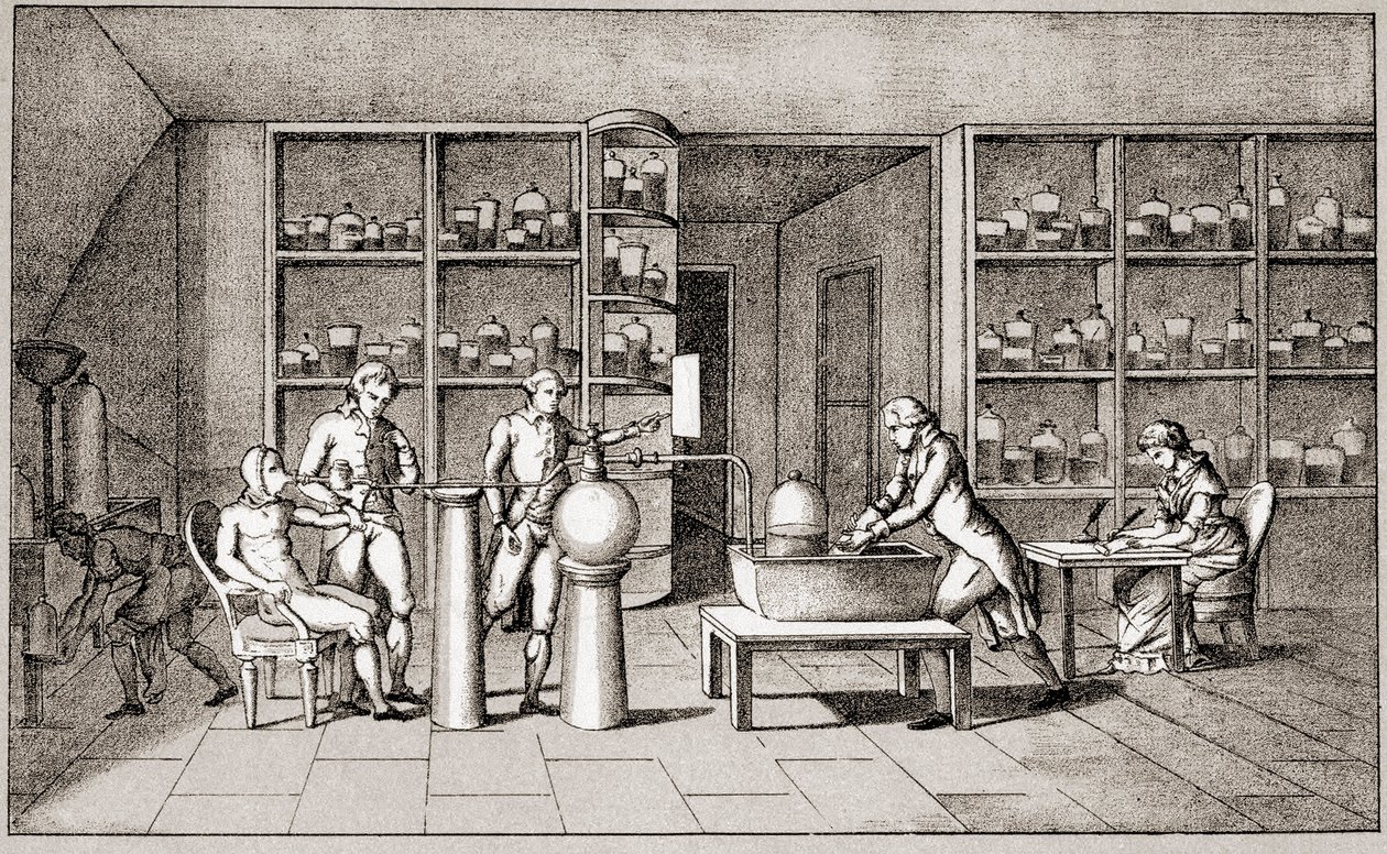 Antoine Laurent de Lavoisier (1743-1794), French chemist conducting an experiment on the breathing of man at rest. Drawing by Mrs Lavoisier. Paris 18th century. Leemage collection by Marie Anne Pierrette Lavoisier